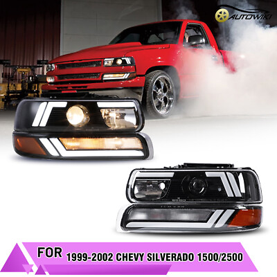 #ad Pair Headlights for 1999 2002 Chevy Silverado 1500 2500 Front Projector Lamps $195.99