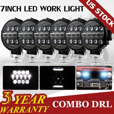 #ad 6pcs 7inch LED Work Light Bar DRL Round Driving Fog Headlight Truck Off Road US $132.04