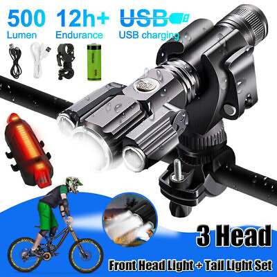 #ad USB Rechargeable LED Bicycle Headlight Bike 3 Head Light Front Lamp Set Battery $13.99