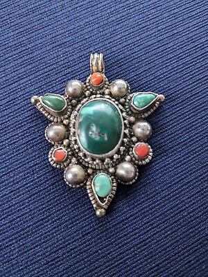 #ad Vintage Tibetan Turquoise Coral Silver Pendant Estate $99.95