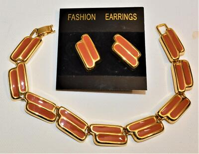 #ad New on Card Goldtone Pink Enamel Set 8quot; Bracelet Pierced Earrings $29.99