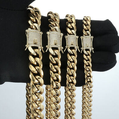 #ad 14k Gold Plated Stainless Steel Miami Cuban Link Bracelet Chain With CZ Clasp $24.17