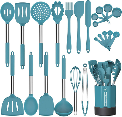 #ad 24 Piece Silicone Cooking Utensil Set Stainless Steel Handle Heat Resistant New $39.49
