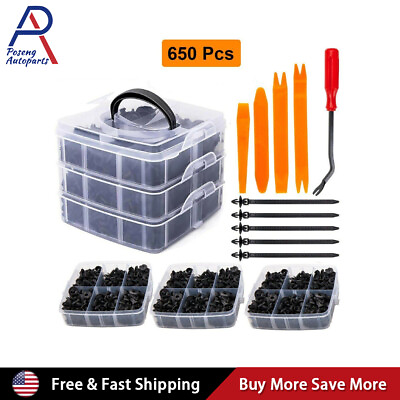 #ad 650Pcs Car Retainer Auto Fasteners Push Trim Plastic Clips Pin Rivet Bumper Kit $15.19