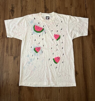 #ad Vintage Single Stitch Watermelon T Shirt Large Handmade Splatter Design OOAK $41.95