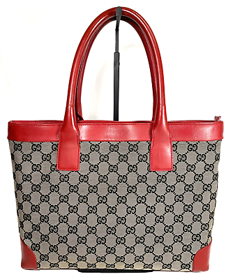 #ad Gucci Shoulder Tote Bag Purse Canvas Leather Red Beautiful $219.00