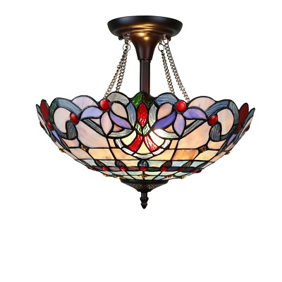 #ad Stained Glass Tiffany Style Semi Flush Ceiling Light Fixture Victorian Design $189.00