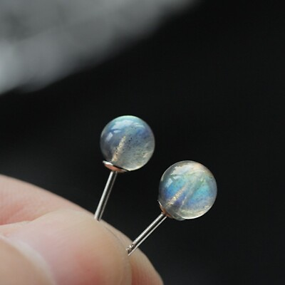 #ad Natural Labradorite Stone Stud Earrings Blue Sheen Crystal Silver Post Earrings $11.90