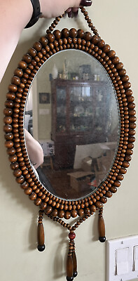 #ad Mirror Retro Wooden Ball Frame Oval Hanging Japanese Vintage Boho $49.99
