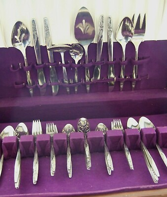 #ad 59 Pc SET AMERICAN STAINLESS USA FLATWARE INS88 PATTERN ROSE amp; TEXTURED TIP $60.00
