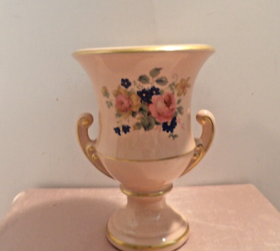 #ad Porcelain urn style vase with double handles flowers GUC Pink flowers $21.50