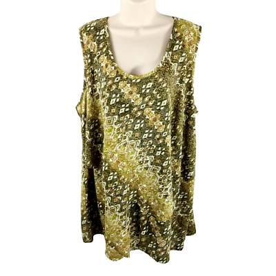 #ad Catherines Size 2X Layered Diamond Print Blouse Sleeveless Green Flutter Top $19.99