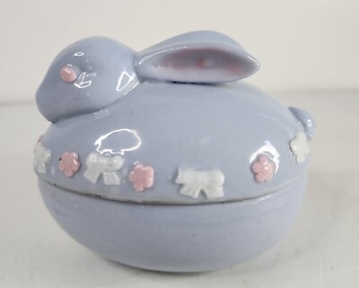 #ad EASTER Egg Shaped Blue Ceramic Trinket Candy Dish w Bows Rabbit amp; Ribbons Vntg $12.99