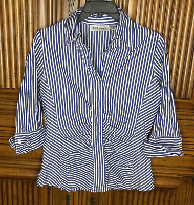 #ad Farinaz Taghavi Womens Shirt 4 Blue White Stripe Ruche Bib Hidden Placket Fitted $27.97