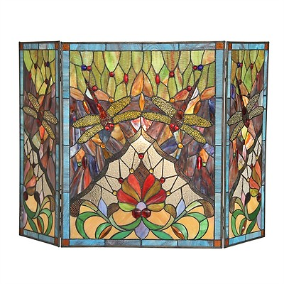 #ad Fireplace Screen Tiffany Style Stained Glass Dragonfly Victorian Design 44 x 28 $354.00