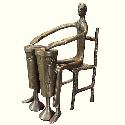 #ad VTG Mid Century Heavy Brass Sculpture Man On Chair With Congo Drums MCM Art $124.99