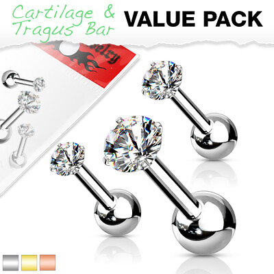 #ad 3 Pc Pack Of 234 mm Prong Set CZ Top Surgical Steel Ear Cartilage Tragus $8.95