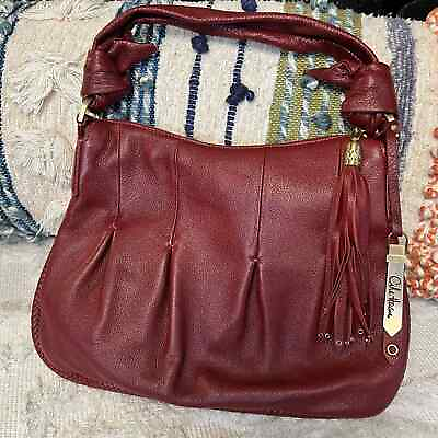 #ad Cole Haan Red Leather Shoulder Handbag Pleated Pebbled Tassel Braided Edge $48.00