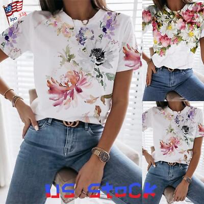#ad Womens Floral Short Sleeve T Shirt Tops Ladies Summer Casual Loose Blouse Tee US $15.79