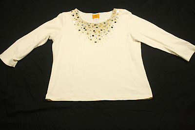 #ad Ruby Rd Top White with Silver Gold Bling Scoop Neck 3 4 Sleeve Womens Size PM $10.00