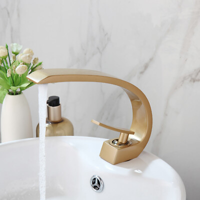 #ad 7quot; Brushed Gold Bathroom Basin Sink Mixer Faucet C shaped Single Hole Brass Taps $78.98