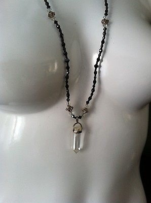 #ad Shimmering Faceted Black Bead Silver amp; Sterling Crystal Pendant 32quot; Necklace $50.00