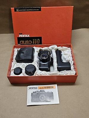 #ad Pentax Auto 110 camera kit flash winder 3 lens and original box $149.95