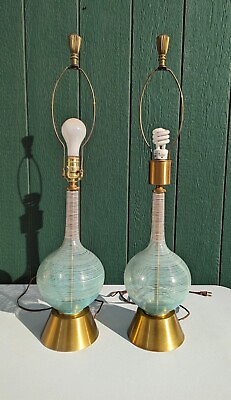 #ad Pair RETRO MID CENTURY HOLLYWOOD Regency Blown Glass Lamps W Swirl Design $339.15