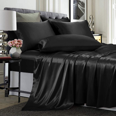 #ad Home Bedsheet Queen Size Satin Sheet Set Classic Shiny Black Bedsheet Home Set $58.99