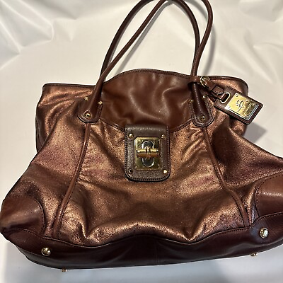 #ad B. Makowsky Large 2Tone Leather Shoulder Bag Double Handled Bright Gold Hardware $40.33