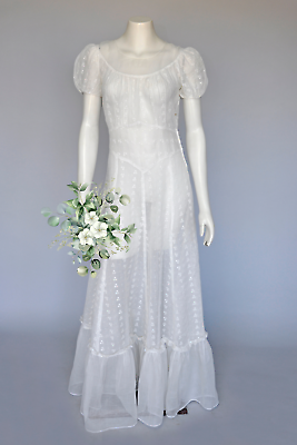 #ad VTG Vintage 1930s White Organza Floral Embroidery Sheer Wedding Party Dress S M $228.00