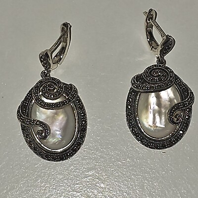#ad Vintage Mother of Pearl Marcasite Sterling Silver Dangle Earrings Marked .925 $85.99