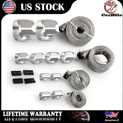 #ad Stainless Steel Braided Engine Hose Line Pipe amp; Sleeve Sleeving Kit Caps Silver $29.69