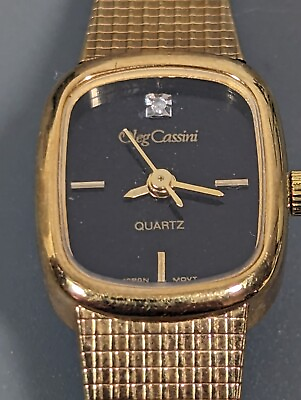 #ad Vintage Oleg Cassini Black Dial Rectangle Gold Tone Case St St Bracelet Watch $24.49