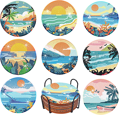 #ad 8 Pcs Landscape Diamond Art Coasters Kit Seaside Diamond Painting Coasters with $13.89