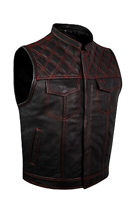 #ad #ad Men#x27;s Black Leather Vest Motorcycle Concealed Red Thread Diamond Cuts Waistcoat $92.99