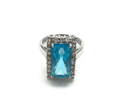 #ad 925 Sterling Silver Light Blue amp; Clear CZ Cocktail Statement Ring Size 7 $49.99