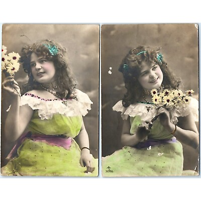 #ad x2 SET c1910s Cute Little Girl RPPC Matching Real Photo Hand Colored Smile A146 $16.50