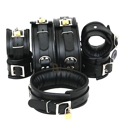 #ad Thick Real Leather Wrist Ankle Thigh Cuffs amp; Collar Restraint Set Black 8 Pieces $64.99