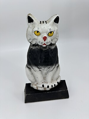 #ad Vintage Cast Iron Gray Cat with Yellow Eyes Doorstop Stamped $90.00