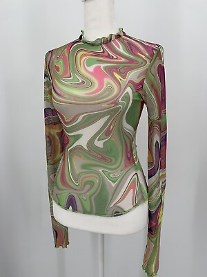#ad Y2K Mesh Top Womens Small High Neck Long Sleeve Nylon Green Pink Marble Swirl $9.90