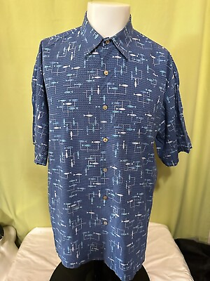 #ad Tori Richard Men#x27;s Blue Fish Design Hawaiian Shirt Large $26.89
