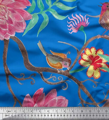 #ad Soimoi Blue Cotton Poplin Fabric Bird Leaves amp; Floral Print Sewing V1b AU $13.99