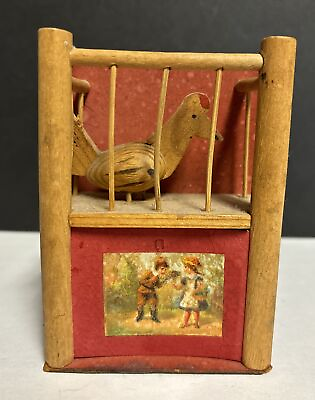 #ad Antique Victorian Hand Crank Childs Wooden Toy Manivelle Bird MOVES Cage VIDEO $74.95