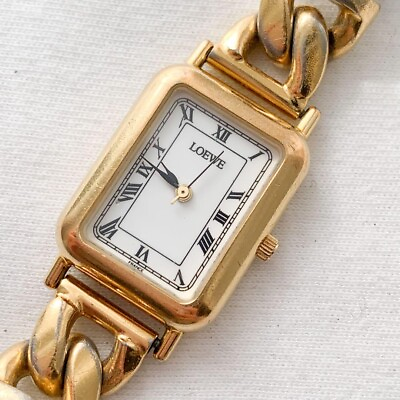 #ad LOEWE Vintage gold face white dial brown belt Quartz Ladies Watch used $289.00
