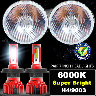 #ad H6024 7quot; Round Glass Headlight Housing H4 LED Conversion Lights LOOK PAIR NEW $109.99