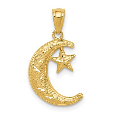 #ad Real 14kt Yellow Gold Gold Polished and Textured Moon and Stars Pendant $95.70