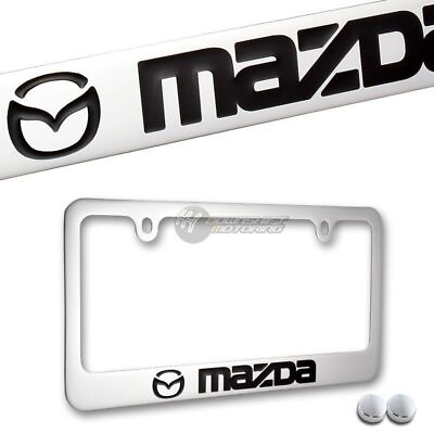 #ad Mazda Logo Chrome Plated Brass License Plate Frame with 2 Chrome Caps AUTHENTIC $29.95