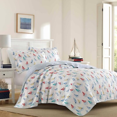 #ad Quilt Set Twin Red White Blue Sail Boat Nautical Reversible Cotton Pillow Sham $103.77