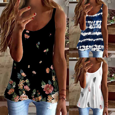 #ad Womens Casual Floral Tank Tops Sleeveless Ladies Summer Loose Cami Vest T Shirt $9.48